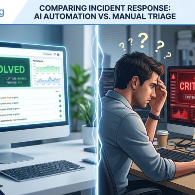 Split-screen showing AI dashboard resolving incidents automatically on left vs engineer overwhelmed by critical alert on right