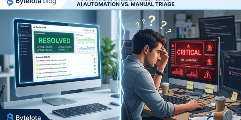 Split-screen showing AI dashboard resolving incidents automatically on left vs engineer overwhelmed by critical alert on right