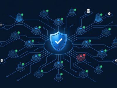 Network diagram showing AI agent security inspection with blue shield and MCP server nodes being vetted by Tenable CyberAgents Exchange AI Inspector