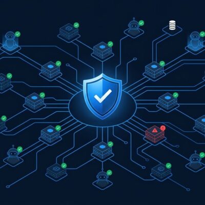 Network diagram showing AI agent security inspection with blue shield and MCP server nodes being vetted by Tenable CyberAgents Exchange AI Inspector