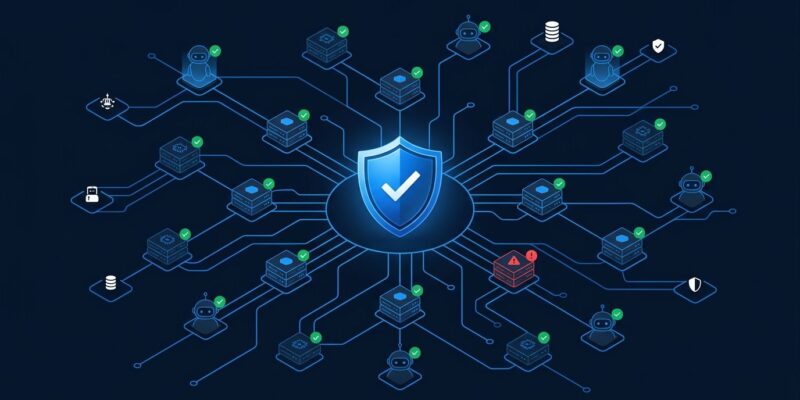 Network diagram showing AI agent security inspection with blue shield and MCP server nodes being vetted by Tenable CyberAgents Exchange AI Inspector