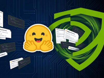 Hugging Face logo being absorbed into Nvidia green shield representing the $12.9B acquisition