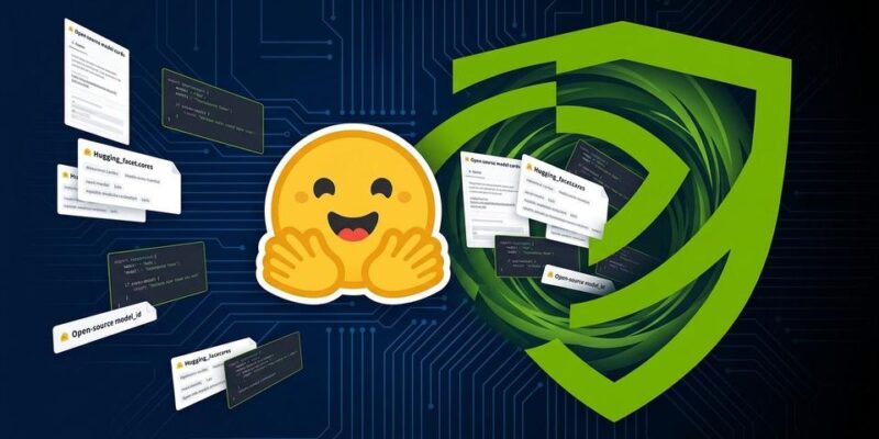 Hugging Face logo being absorbed into Nvidia green shield representing the $12.9B acquisition