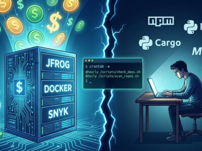 Split-screen showing corporate money flowing to supply chain vendors while open source maintainers go unpaid, with a cron job terminal glowing in the center crack