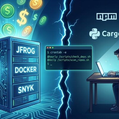 Split-screen showing corporate money flowing to supply chain vendors while open source maintainers go unpaid, with a cron job terminal glowing in the center crack