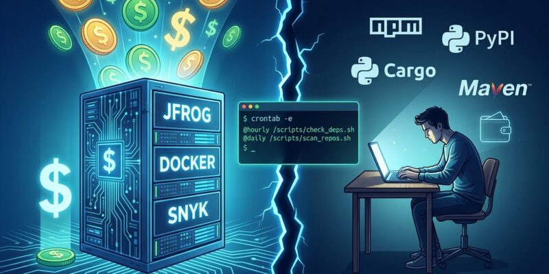 Split-screen showing corporate money flowing to supply chain vendors while open source maintainers go unpaid, with a cron job terminal glowing in the center crack