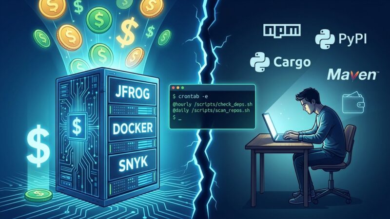 Split-screen showing corporate money flowing to supply chain vendors while open source maintainers go unpaid, with a cron job terminal glowing in the center crack