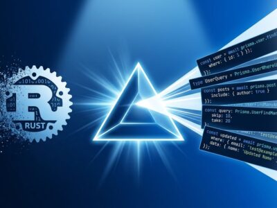 Prisma ORM prism logo splitting TypeScript code fragments from dissolving Rust gear — representing Prisma 8 migration from Rust to TypeScript runtime