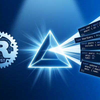 Prisma ORM prism logo splitting TypeScript code fragments from dissolving Rust gear — representing Prisma 8 migration from Rust to TypeScript runtime