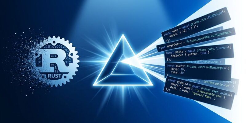 Prisma ORM prism logo splitting TypeScript code fragments from dissolving Rust gear — representing Prisma 8 migration from Rust to TypeScript runtime