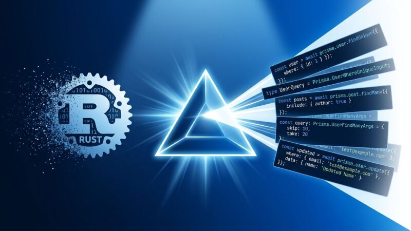 Prisma ORM prism logo splitting TypeScript code fragments from dissolving Rust gear — representing Prisma 8 migration from Rust to TypeScript runtime