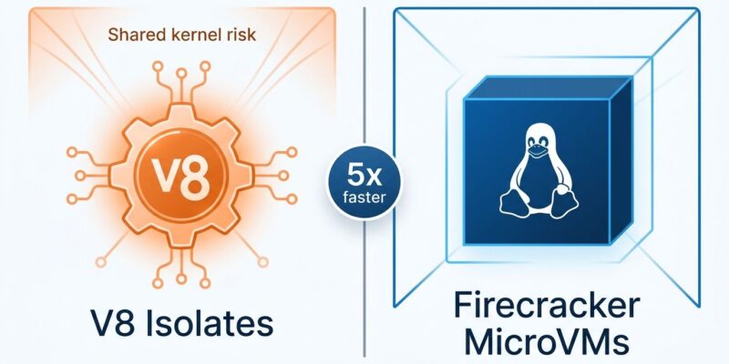 Split-screen comparison of V8 isolates versus Firecracker MicroVMs showing Netlify edge functions 5x performance improvement