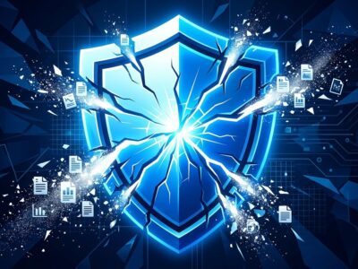 Cracked blue shield representing broken open-source bug bounty infrastructure from AI-generated report flood