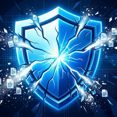 Cracked blue shield representing broken open-source bug bounty infrastructure from AI-generated report flood