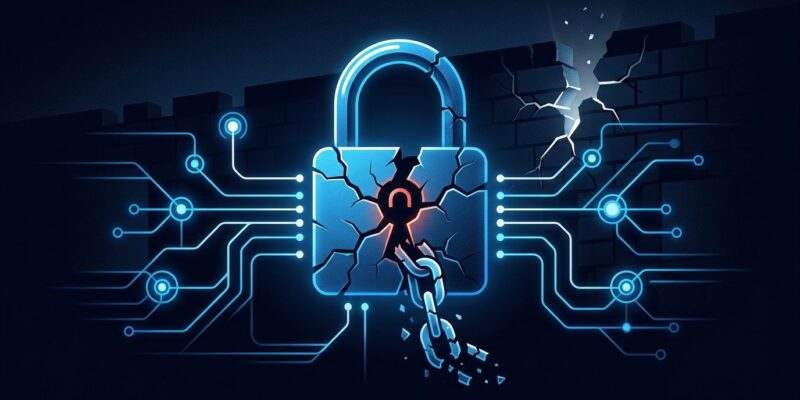 Broken padlock with fractured certificate chain representing the Xray-core TLS certificate verification bypass vulnerability