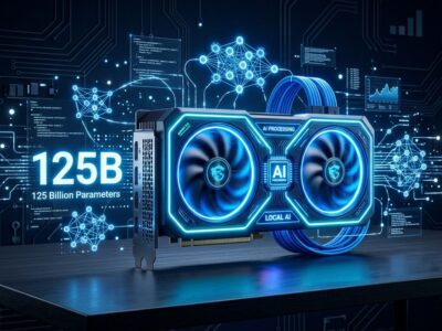 Gaming GPU with glowing blue neon lights and holographic AI neural network nodes, representing Strata running a 125B parameter LLM on consumer hardware