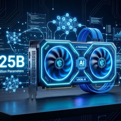 Gaming GPU with glowing blue neon lights and holographic AI neural network nodes, representing Strata running a 125B parameter LLM on consumer hardware