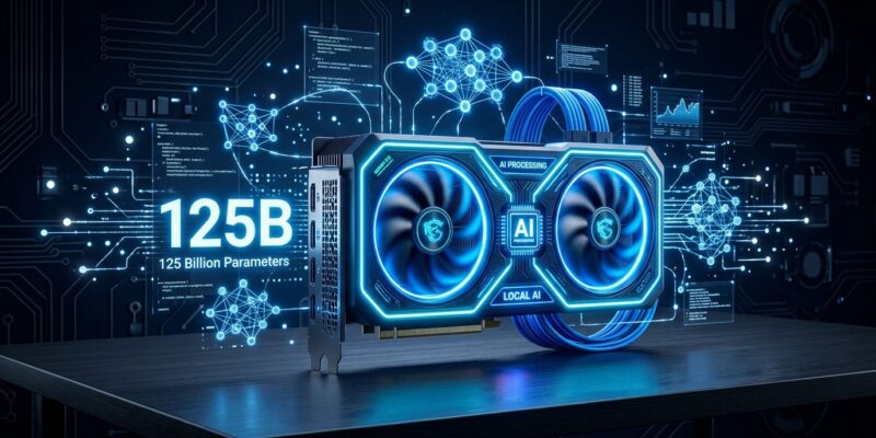 Gaming GPU with glowing blue neon lights and holographic AI neural network nodes, representing Strata running a 125B parameter LLM on consumer hardware