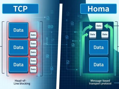 Split-screen comparison of TCP head-of-line blocking versus Homa SRPT scheduling for AI cluster networking