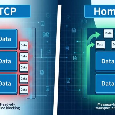 Split-screen comparison of TCP head-of-line blocking versus Homa SRPT scheduling for AI cluster networking
