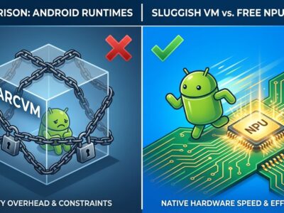 Split-screen comparison showing ChromeOS ARCVM container versus Googlebook native Android runtime