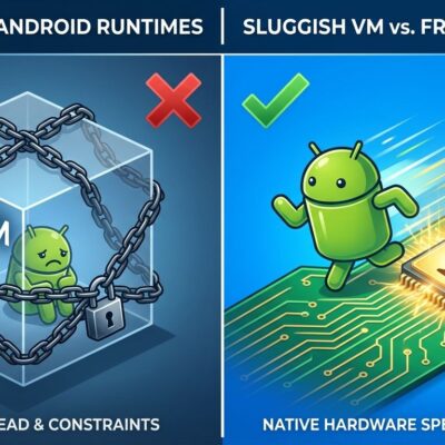 Split-screen comparison showing ChromeOS ARCVM container versus Googlebook native Android runtime