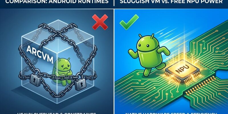 Split-screen comparison showing ChromeOS ARCVM container versus Googlebook native Android runtime