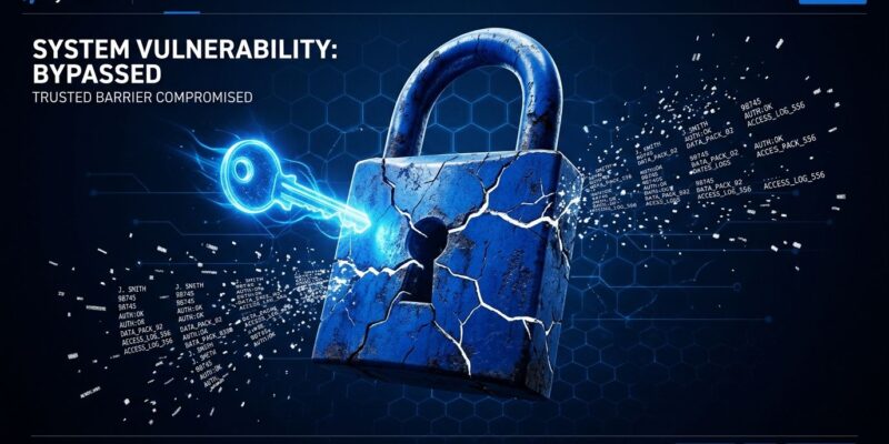 Cracked blue padlock with data fragments scattering outward, representing Denmark CPR register breach via third-party access credentials