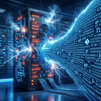 Server data center overloaded by AI coding agent commit surge with blue circuit patterns