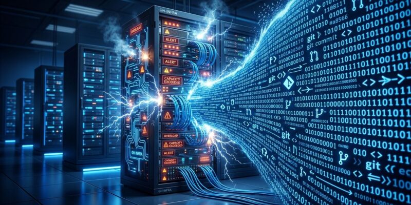 Server data center overloaded by AI coding agent commit surge with blue circuit patterns