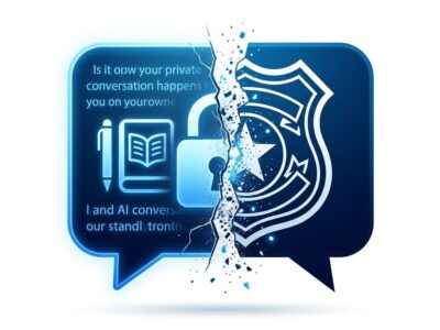 Split composition showing a chat bubble diary icon breaking apart with a police badge on the right half, representing AI privacy and law enforcement