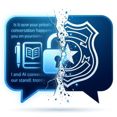 Split composition showing a chat bubble diary icon breaking apart with a police badge on the right half, representing AI privacy and law enforcement