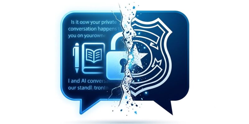 Split composition showing a chat bubble diary icon breaking apart with a police badge on the right half, representing AI privacy and law enforcement