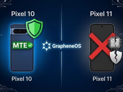 Split-screen showing Pixel 10 with MTE security enabled versus Pixel 11 with ARM MTE removed, GrapheneOS logo on dividing line