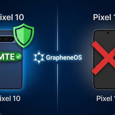 Split-screen showing Pixel 10 with MTE security enabled versus Pixel 11 with ARM MTE removed, GrapheneOS logo on dividing line