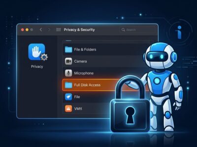 macOS Privacy Settings showing Full Disk Access controls with AI agent security warning