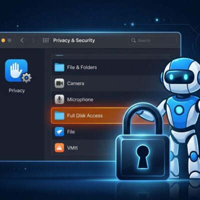 macOS Privacy Settings showing Full Disk Access controls with AI agent security warning