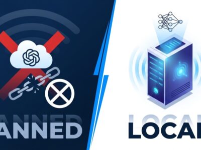 Split-screen showing cloud API ban on left versus self-hosted local AI server on right, representing PewDiePie's Ajax distillation controversy