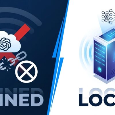 Split-screen showing cloud API ban on left versus self-hosted local AI server on right, representing PewDiePie's Ajax distillation controversy