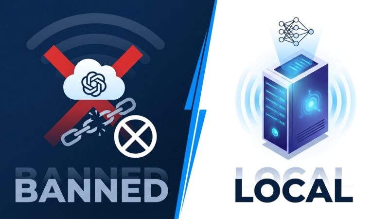 Split-screen showing cloud API ban on left versus self-hosted local AI server on right, representing PewDiePie's Ajax distillation controversy