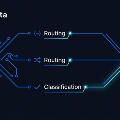 Circuit board branching into three decision paths representing OpenAI Decisions API routing and classification