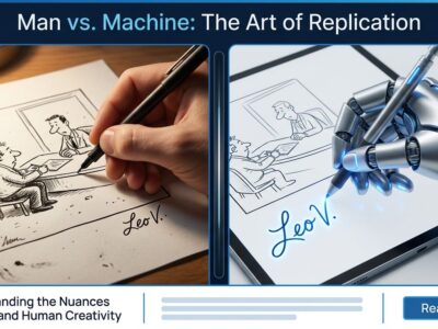 Split-screen showing a human cartoonist hand signing a cartoon on the left and a robotic hand forging the same signature on an AI-generated cartoon on the right