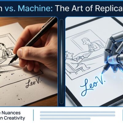 Split-screen showing a human cartoonist hand signing a cartoon on the left and a robotic hand forging the same signature on an AI-generated cartoon on the right