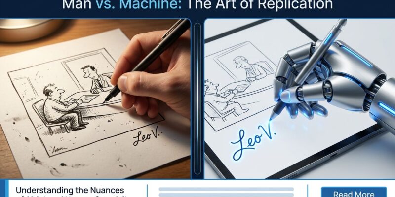 Split-screen showing a human cartoonist hand signing a cartoon on the left and a robotic hand forging the same signature on an AI-generated cartoon on the right