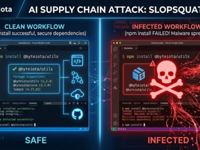 Split-screen illustration showing AI coding assistant with clean package install on left and malware-infected hallucinated package on right