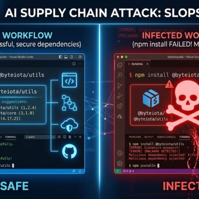 Split-screen illustration showing AI coding assistant with clean package install on left and malware-infected hallucinated package on right