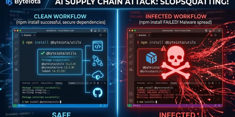 Split-screen illustration showing AI coding assistant with clean package install on left and malware-infected hallucinated package on right