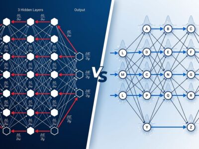 Split-screen illustration comparing backpropagation gradient flow versus Dust algorithm forward-only training with activation perturbations