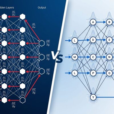Split-screen illustration comparing backpropagation gradient flow versus Dust algorithm forward-only training with activation perturbations