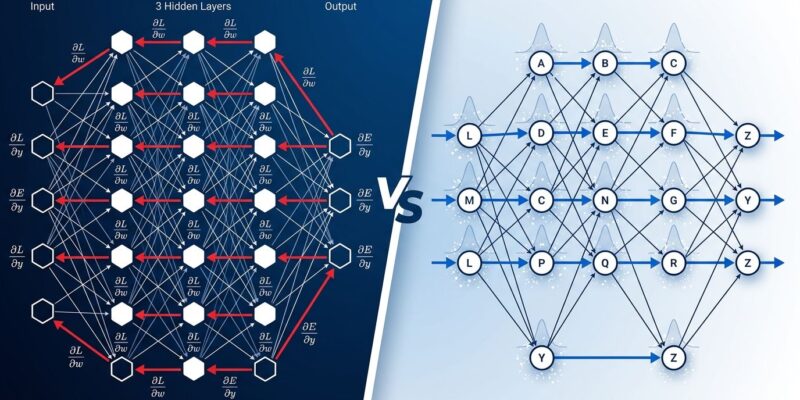 Split-screen illustration comparing backpropagation gradient flow versus Dust algorithm forward-only training with activation perturbations